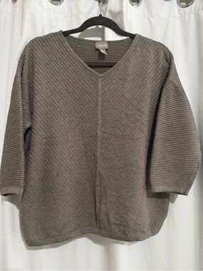 Chico's Taupe Ribbed-Sleeve V-Neck Pullover